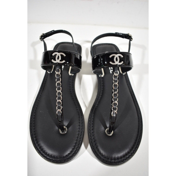 Chanel 22C Black Patent Silver Chain CC Logo Mule Slide Flat Thong Sandal 35 - Picture 8 of 12
